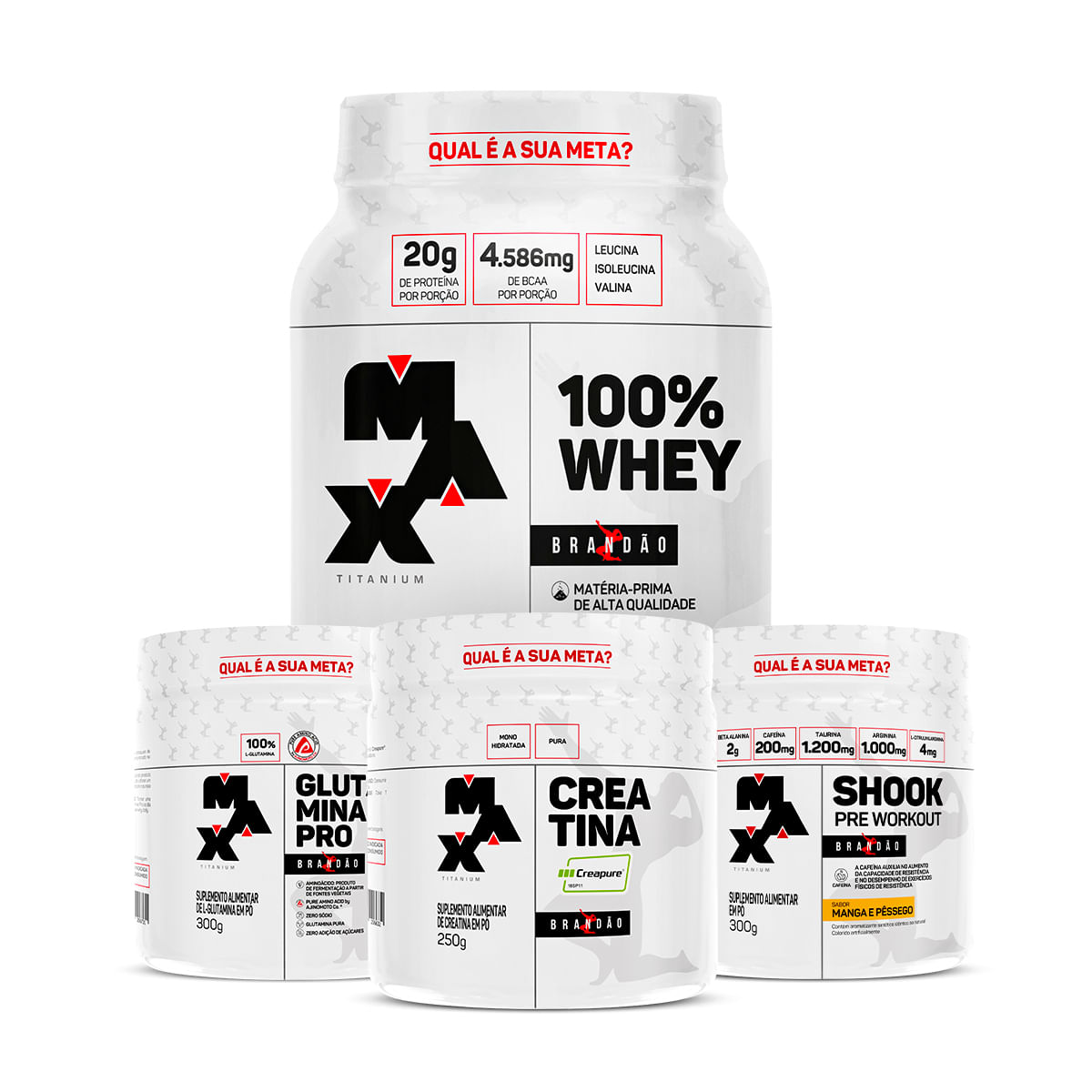 Kit Brandão Bodybuilder I - 100% Whey Pote 900g + Creatina Creapure 250g + Pré treino Shook + Glutamina Pro