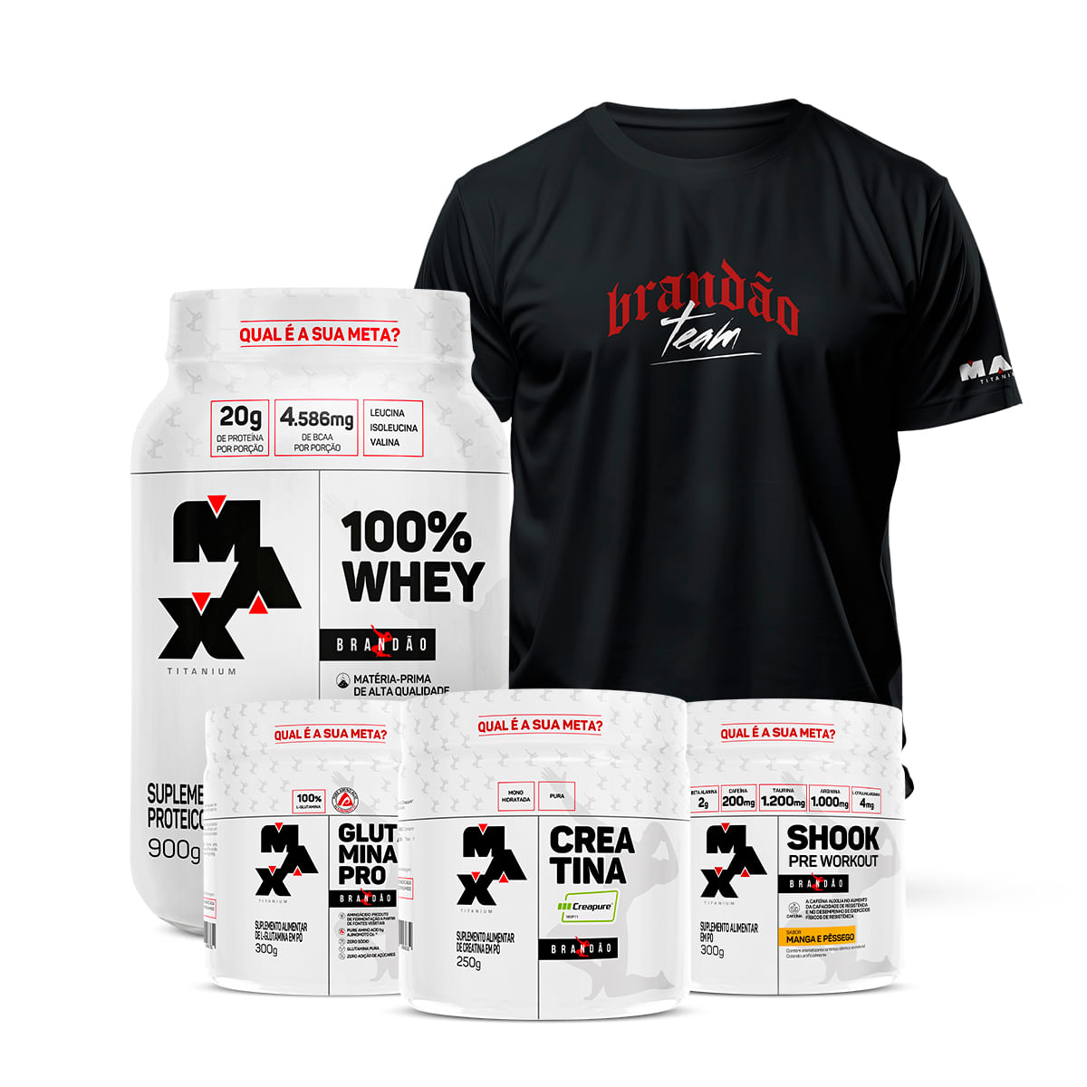 Kit Brandão Bodybuilder II- 100% Whey Pote 900g + Creatina Creapure 250g + Pré treino Shook + Glutamina Pro + Camiseta Elite Team Show