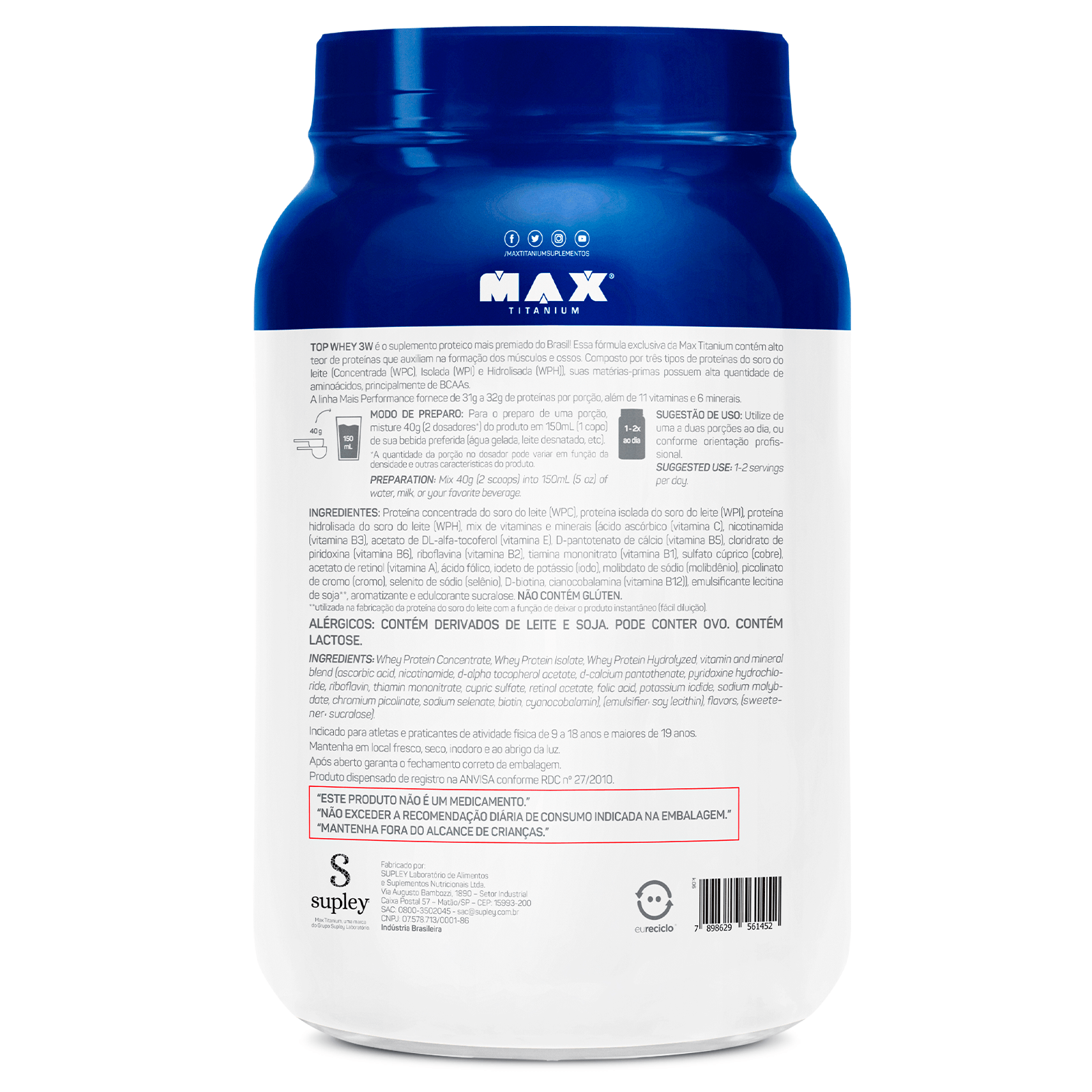 Top whey 3w + performance 900g baunilha
