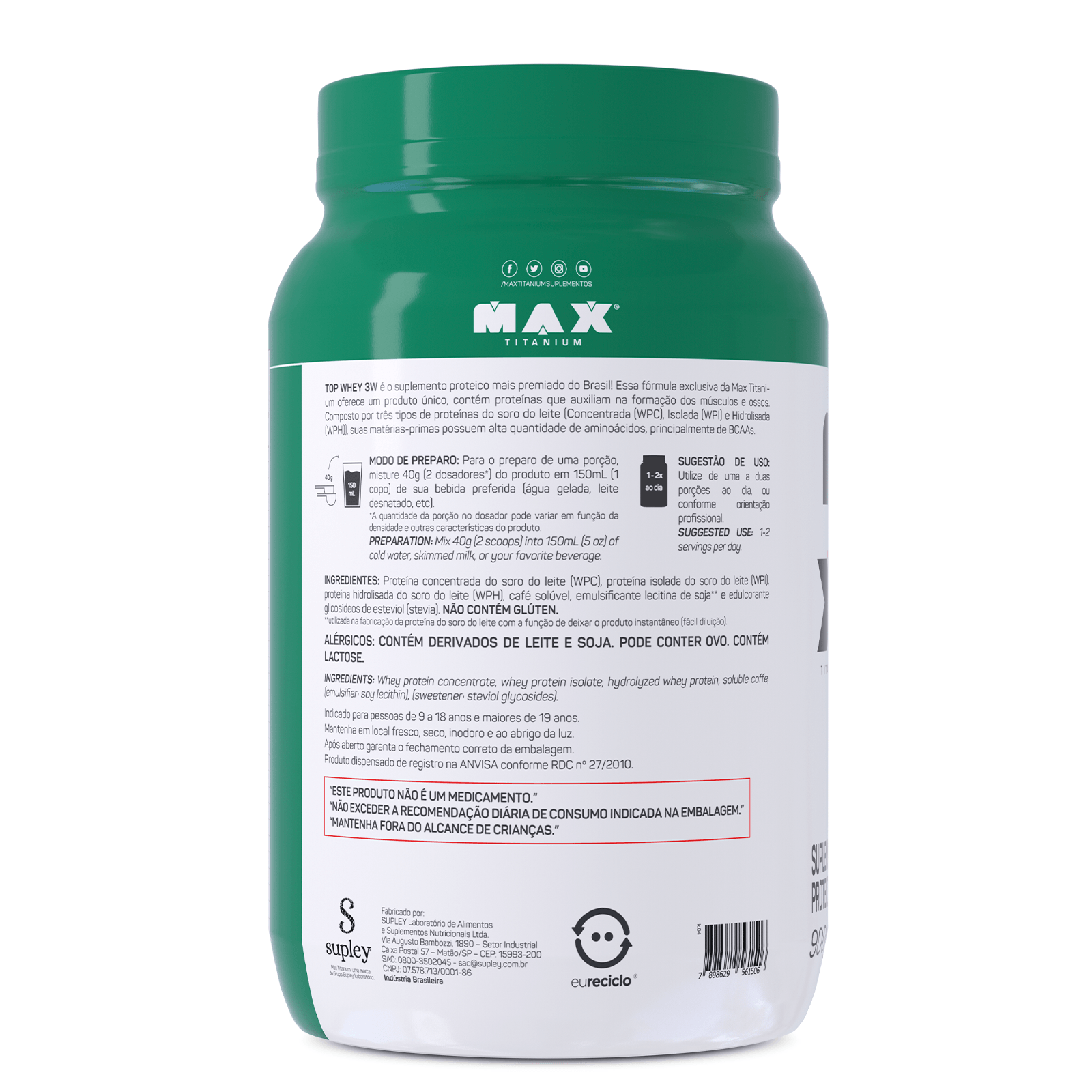 Top whey 3w + natural 900g café com leite