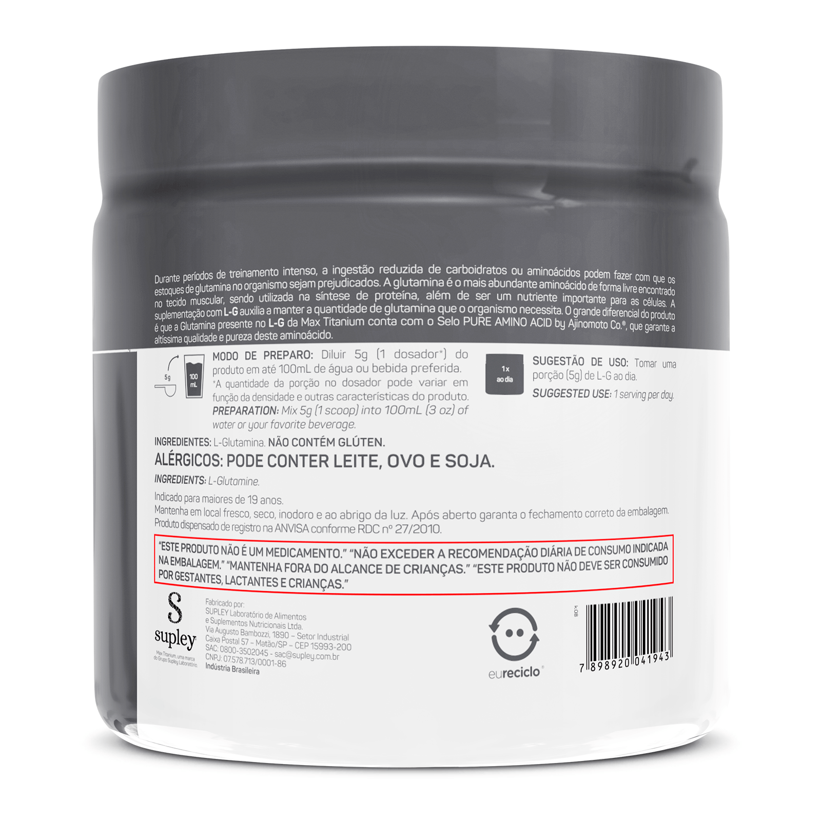 Glutamina l-g 150g matéria-prima de fonte vegetal