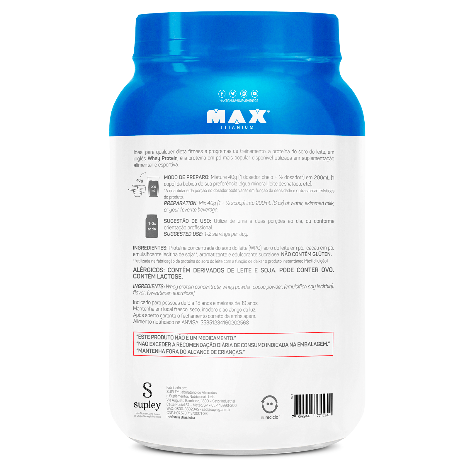 Whey pro 1kg — whey protein concentrado max titanium — 15g de proteína por dose chocolate