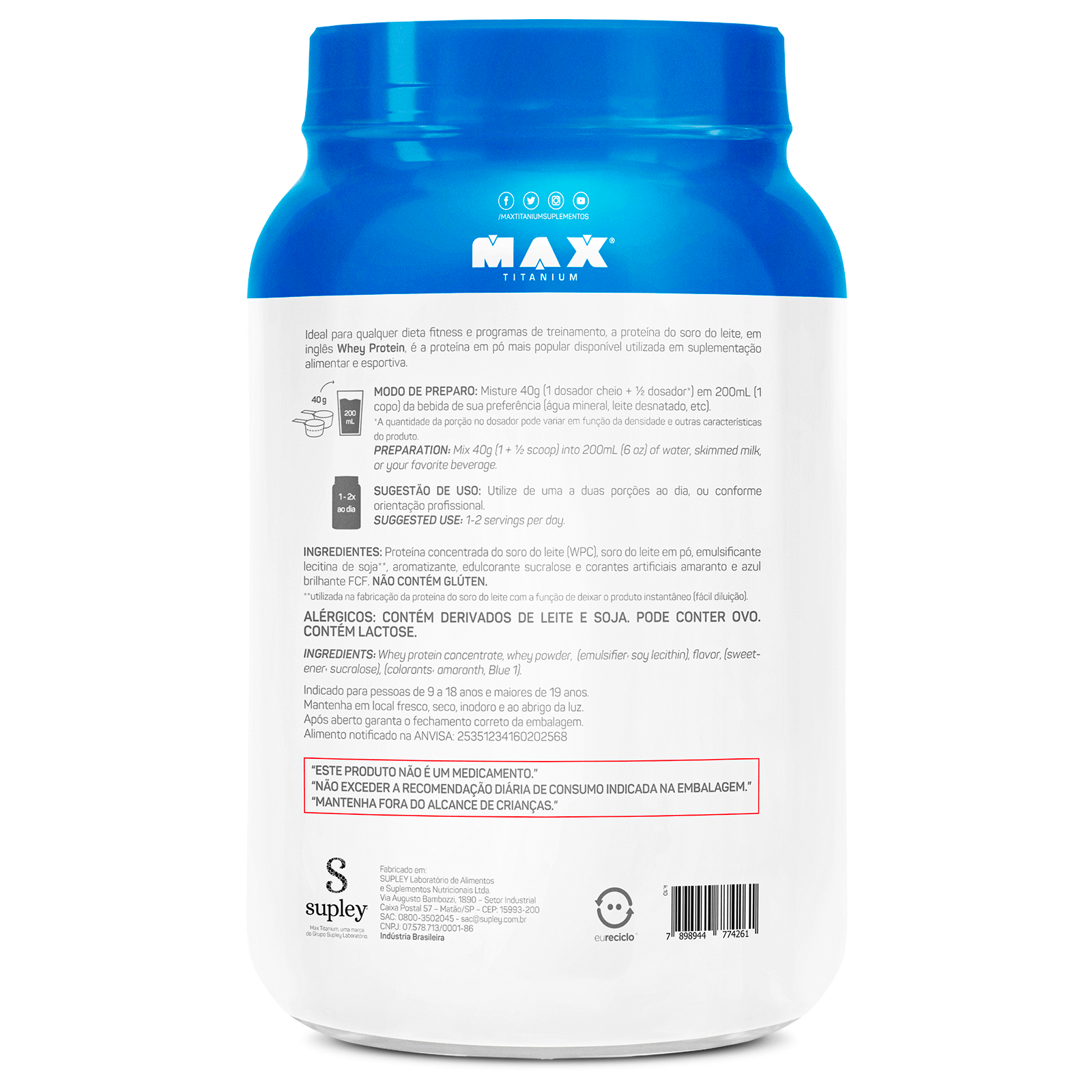 Whey pro 1kg — whey protein concentrado max titanium — 15g de proteína por dose morango