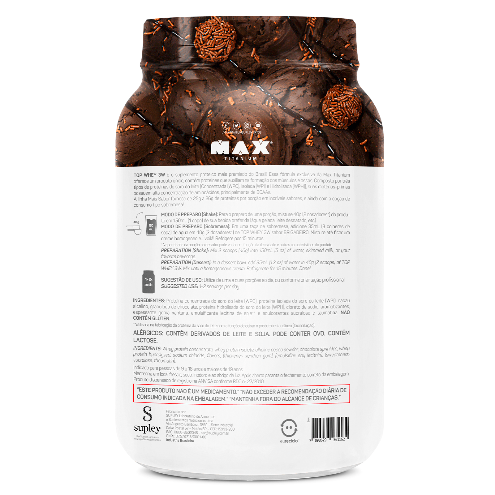 Top whey 3w + sabor  900g brigadeiro