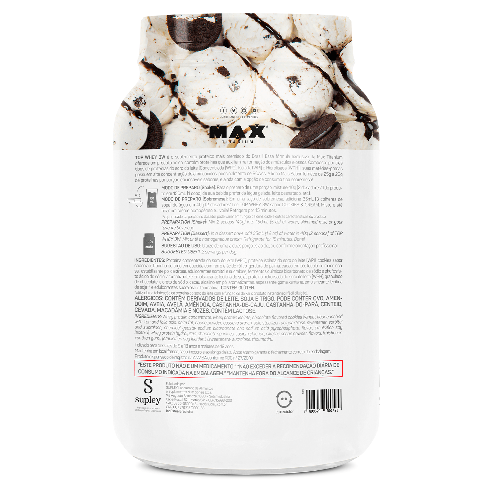Top whey 3w + sabor  900g cookies & cream