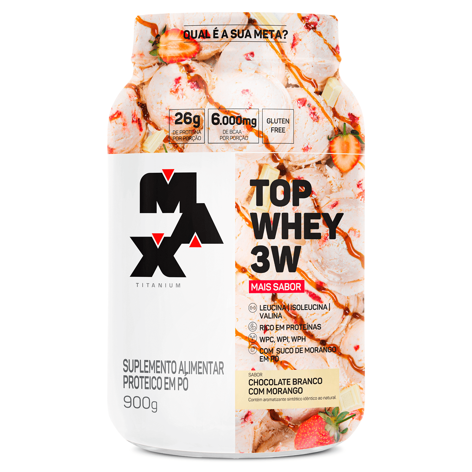 Top whey 3w + sabor  900g chocolate branco com morango