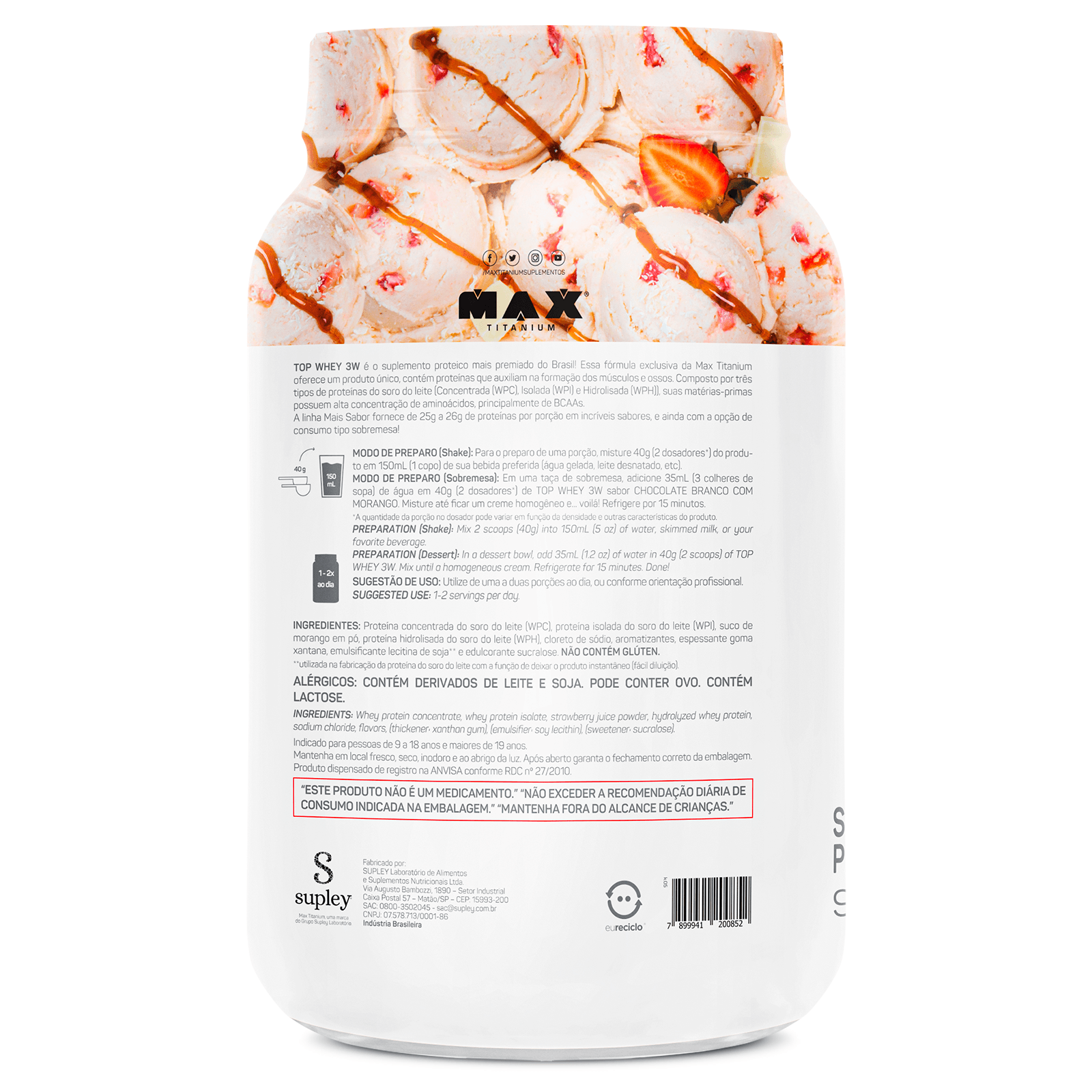 Top whey 3w + sabor  900g chocolate branco com morango