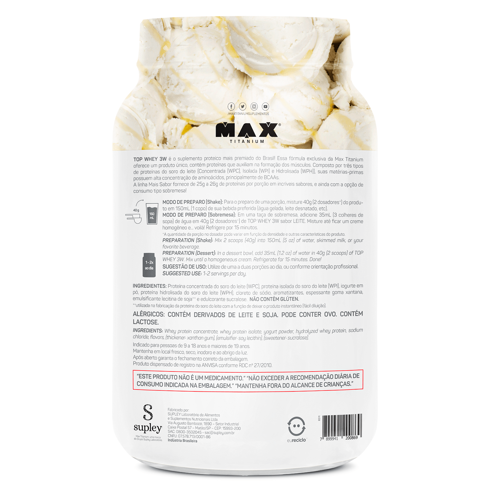 Top whey 3w + sabor  900g leite