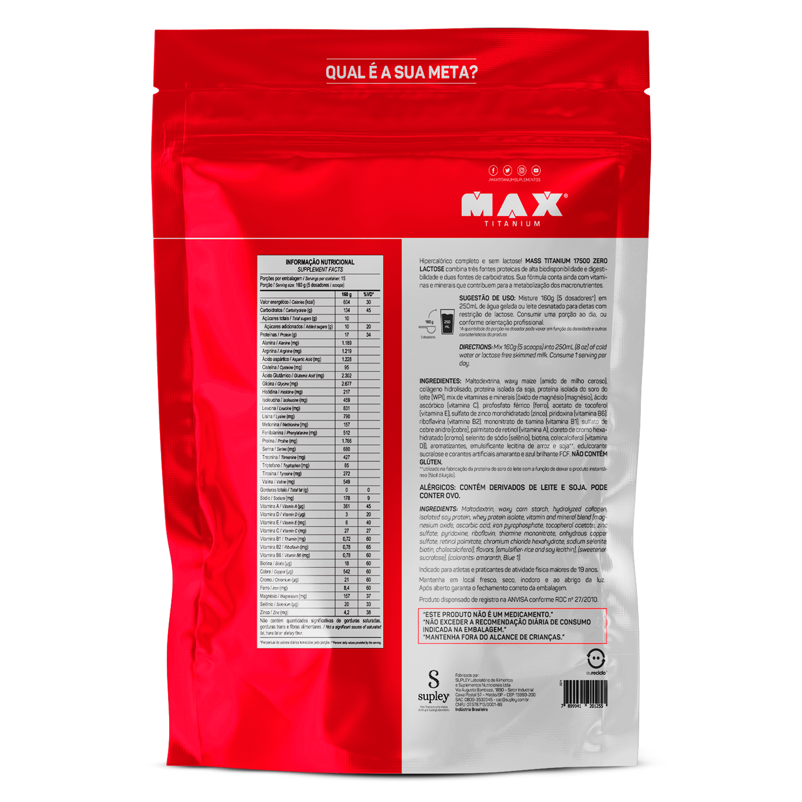 Mass titanium 17500 zero lactose 2,4kg morango