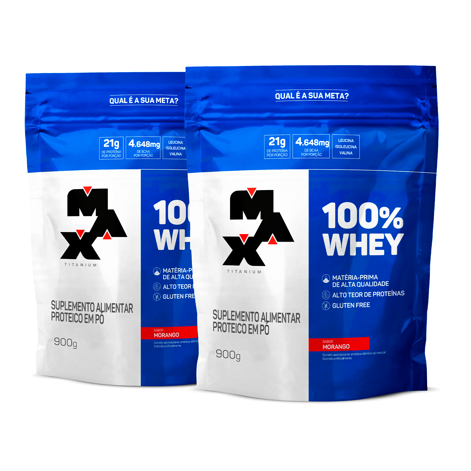 Pack 2x 100% whey refil 900g morango + morango