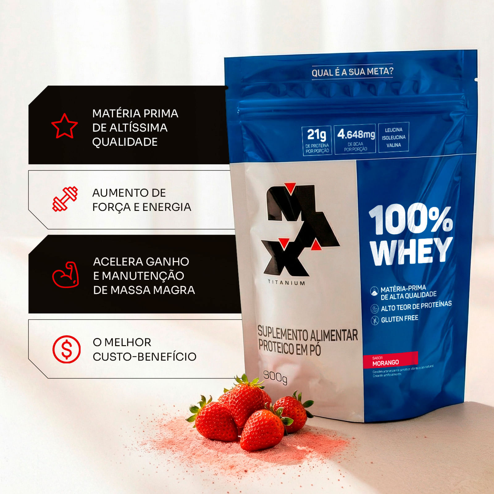 Pack 2x 100% whey refil 900g morango + morango