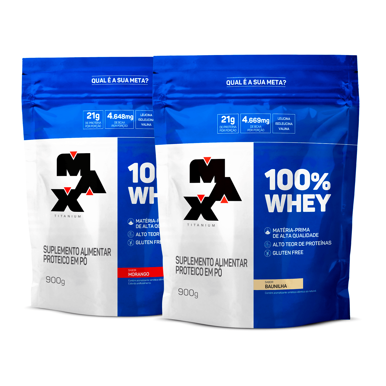 Pack 2x 100% whey refil 900g morango+ baunilha