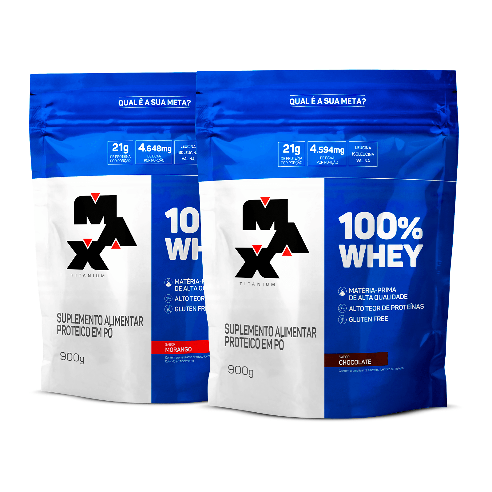 Pack 2x 100% whey refil 900g morango + chocolate