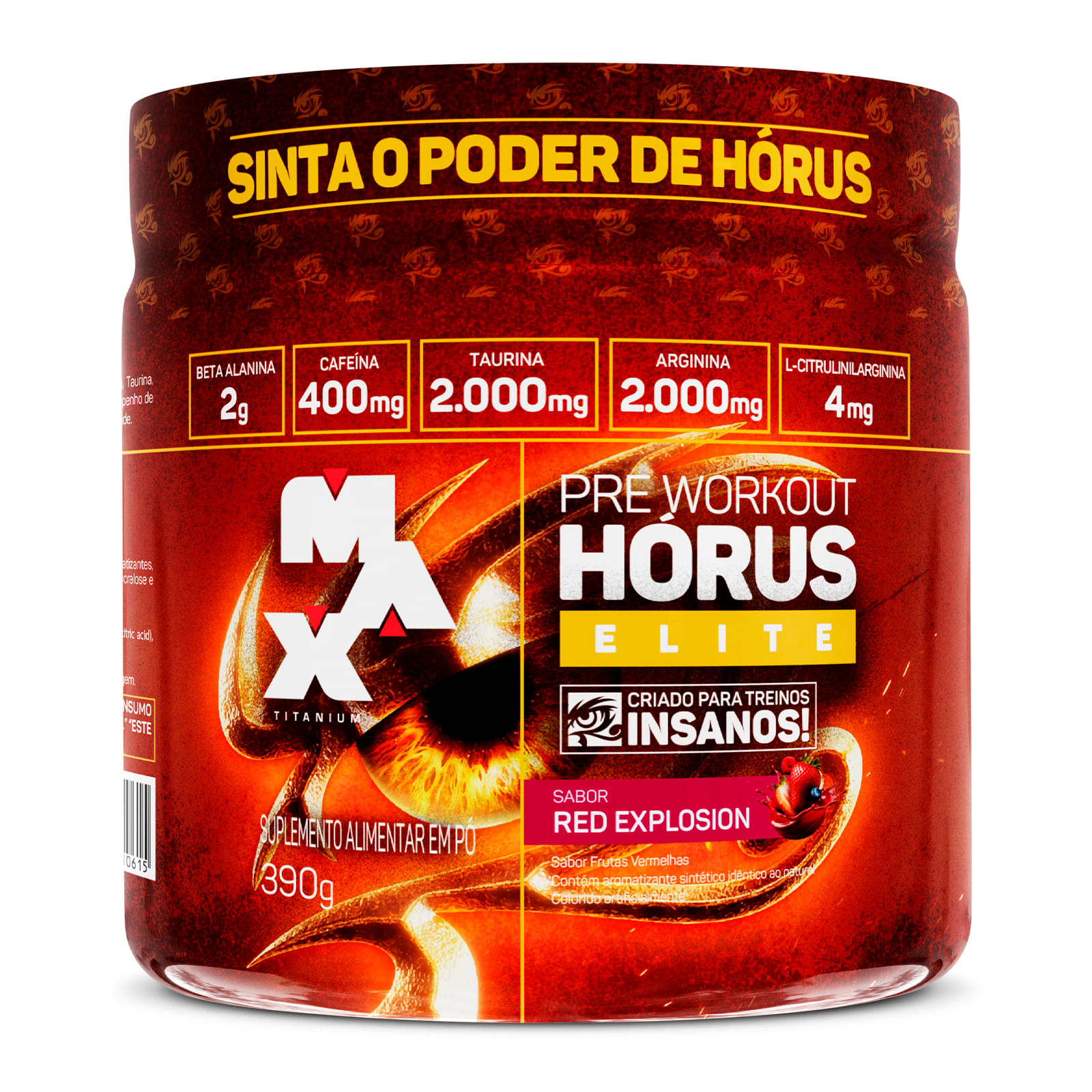 Hórus elite 390g pré-treino 400mg cafeína — max titanium red explosion