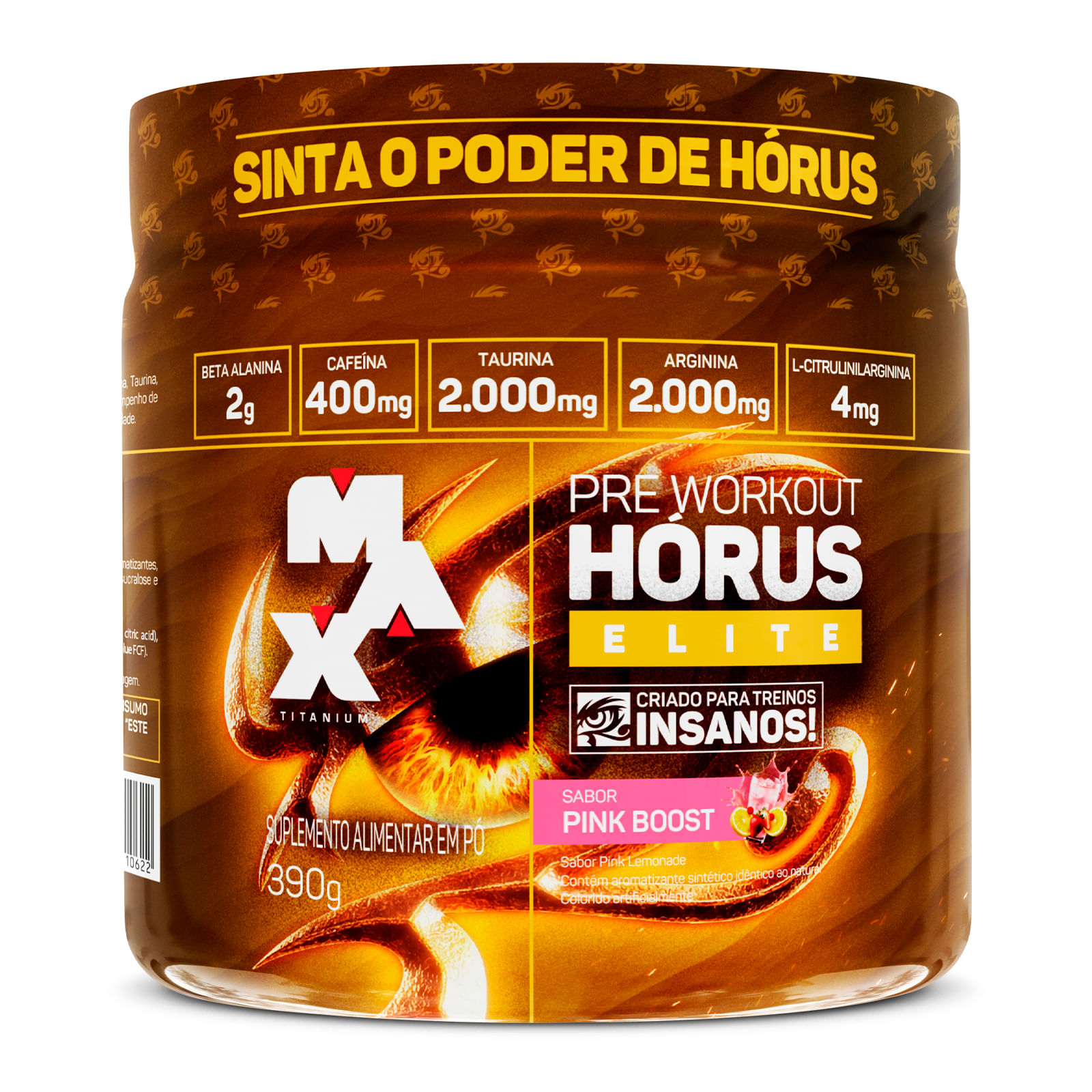 Hórus elite 390g pré-treino 400mg cafeína — max titanium pink lemonade
