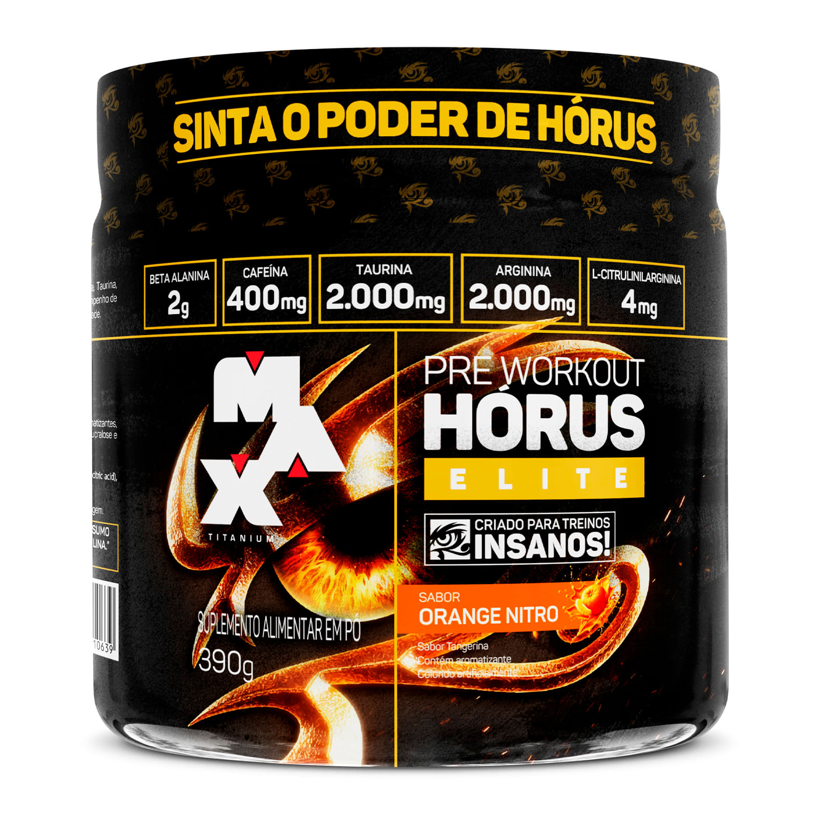Hórus elite 390g pré-treino 400mg cafeína — max titanium orange nitro