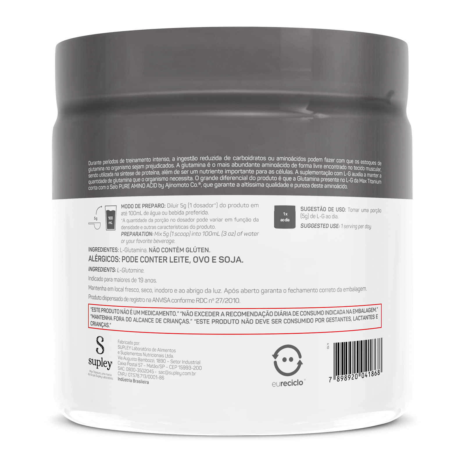 Glutamina l-g 300g matéria-prima de fonte vegetal