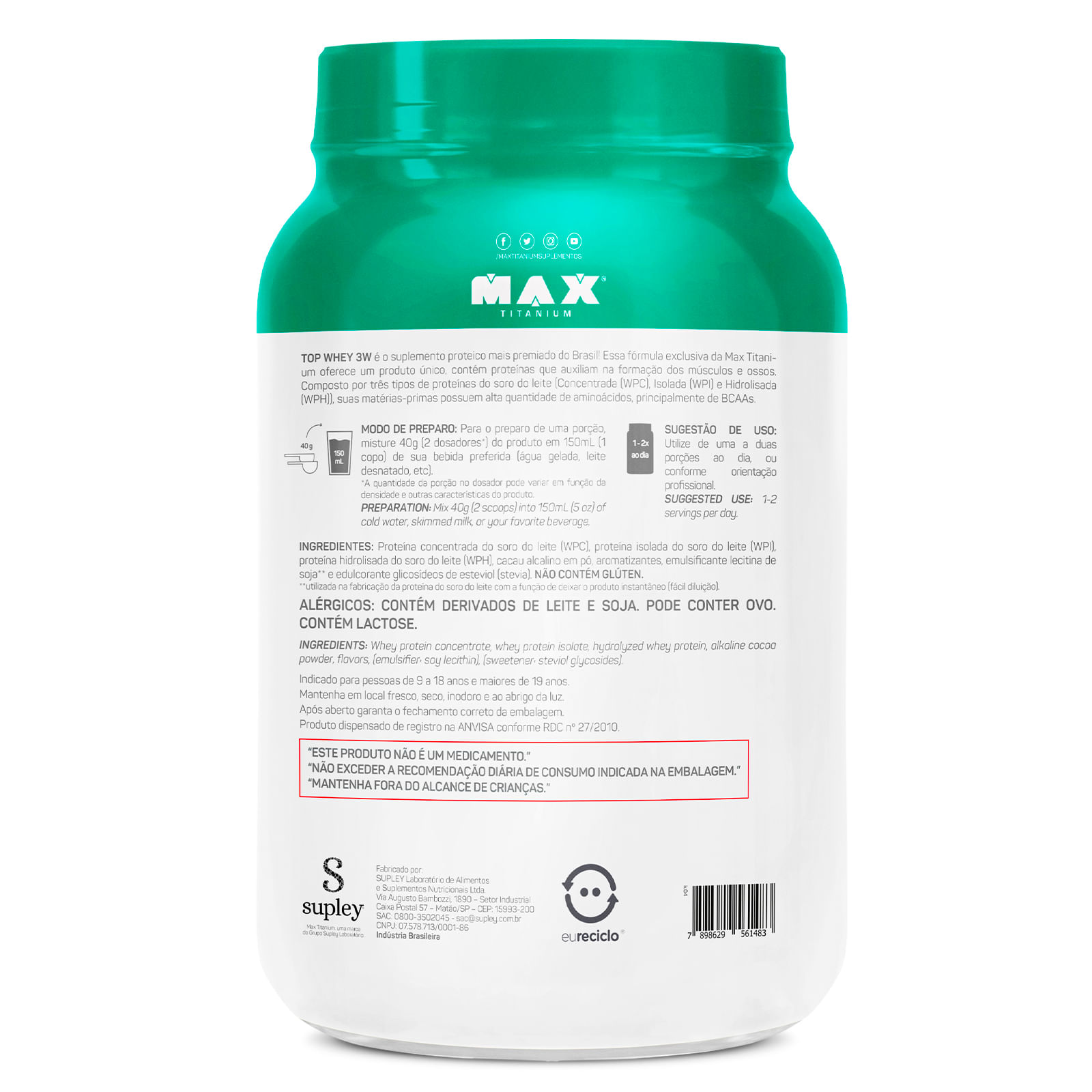 Top whey 3w + natural 900g cacau