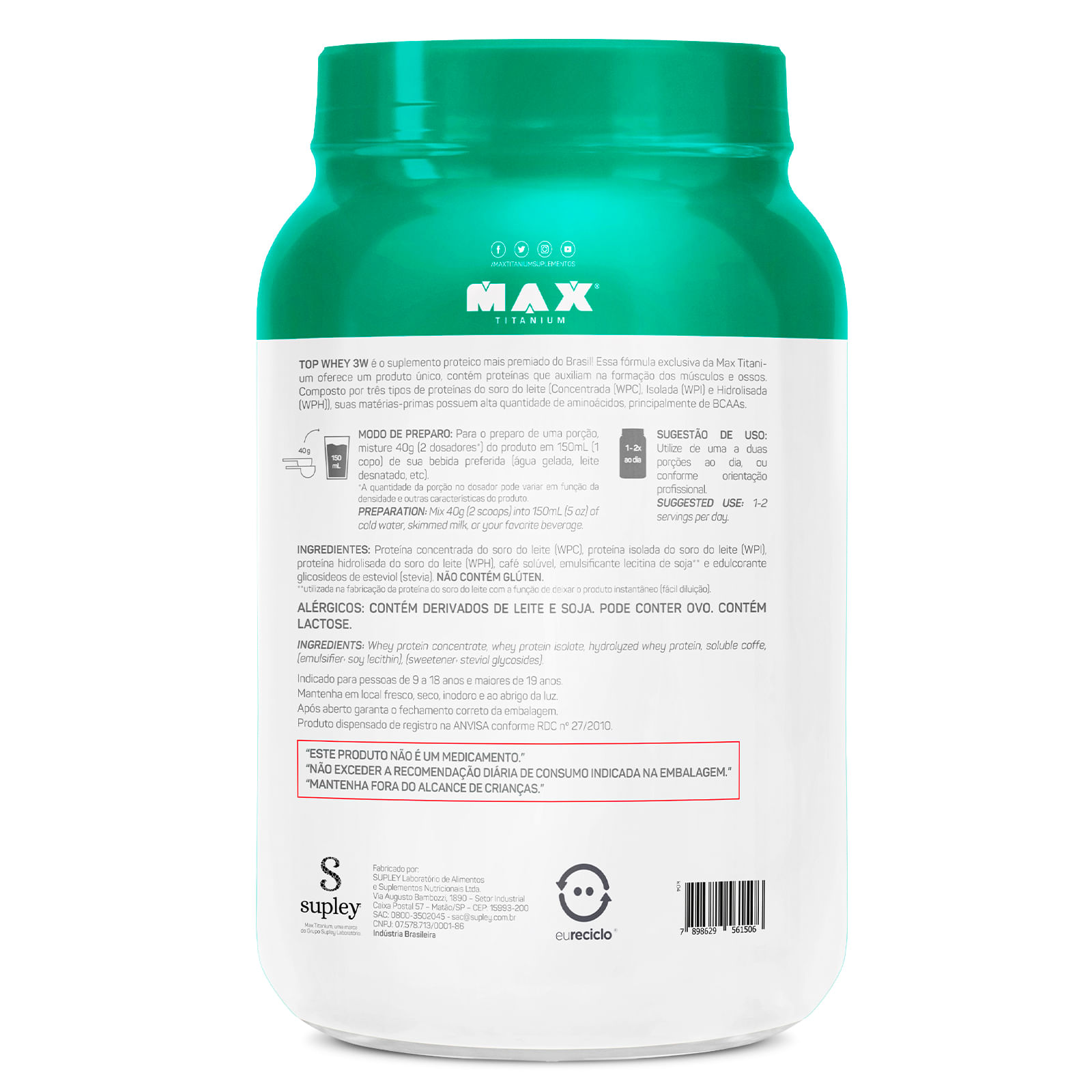 Top whey 3w + natural 900g café com leite